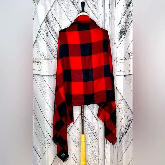 Sandro Paris Scarf Wool & Silk Blend Buffalo Checked Red Black